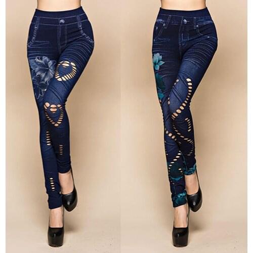 Women\s Sexy Hollow Cut Elastic Pants Flower Print Skinny Jeans Denim Leggings