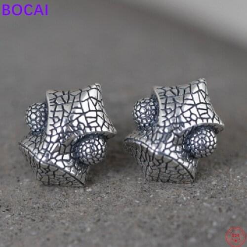 BOCAI S925 Sterling Silver Charm Earrings 2021 Creative Retro Old Pattern Ear Studs for Women Pure Argentum Personality Jewelry