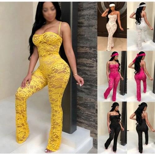 Women Jumpsuit New Fashion Rompers Clubwear Hollow Out Party Chiffon Outwear Lace Sleeveless Clothing