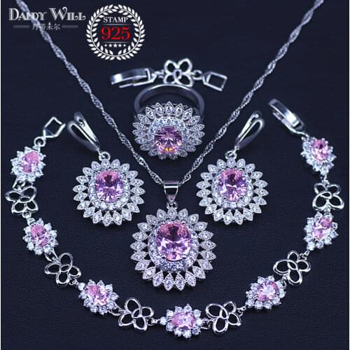 Princess Pink Sunflower Silver Color Costume Jewelry Sets For Women Pendants Earrings Ring Bracelet Christmas Gift