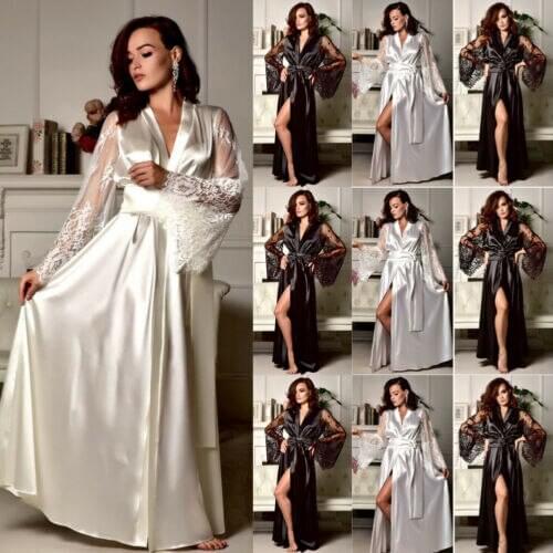 Womens Solid Sexy Silk Satin Lace Long Sleeve Deep V Bathrobe Pajamas Robe Lingerie Sleepwear Nightwear