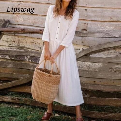 Women Summer Cotton Linen Party Dress Women Spring Elegant O-Neck Button Long Dress 2021 New Vintage Female Solid Loose Dresses