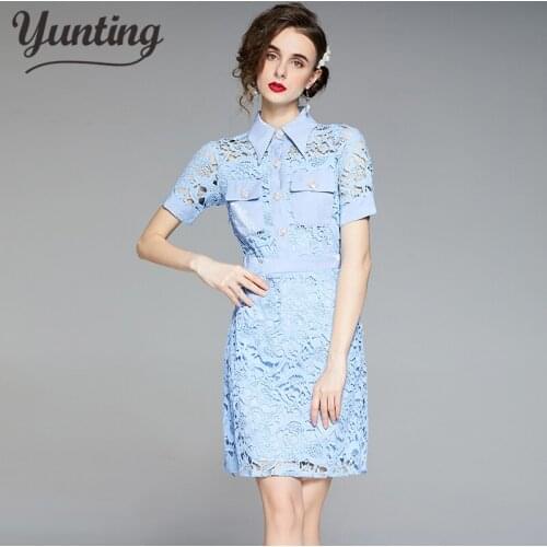 Office Lady A-line Mini Dress Women Runway Korean Vintage Lace Dress Short Sleeve Summer Party Sexy Dress