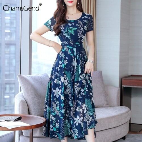 Women Summer Mid-Calf Dress 2021 New Arrival Floral Printed Slim Dress Female Casual Short Sleeve High Waist Dresses Robe Femme