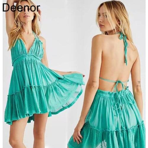 Deenor 2021 Summer Womens Dress Suspender V-neck A-line Skirt Mesh Stitching Open Back Suspender Dress Fashion Feminine Dress
