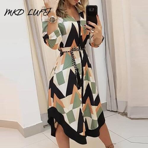 Geo Print Colorblock Asymmetrical Shirt Dress Women Long Sleeve Elegant Casual Work Dresses