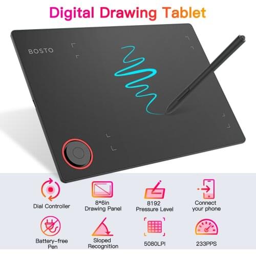 BOSTO T608 Graphics Drawing Tablet Digital Art Creation Sketch 8x6 Inch with Battery-free Stylus 8 Pen Nibs 8192 Levels Pressure