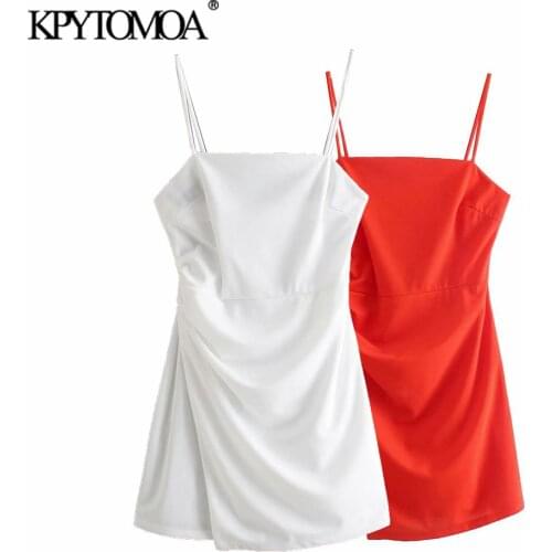 KPYTOMOA Women 2021 Fashion Pleats Asymmetric Mini Dress Vintage Backless Zipper Thin Straps Female Dresses Vestidos Mujer