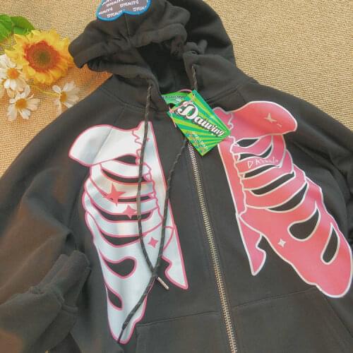 Grunge Hooded Jacket Zip-up Loose Kawaii Skull Print Anime Goth Retro Streetwear Y2K Harajuku Korean Fashion Girl Top Hoodies