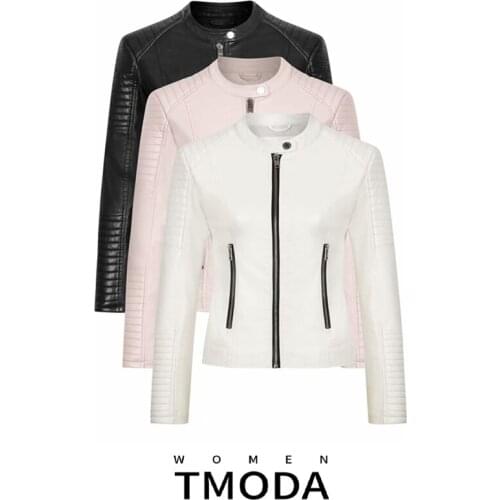 TMODA958 2021 Women Elegant Zipper Faux Leather Biker Jackets Ladies Casual Slim Fit White Motorcycle Zipper Coats Outerwear