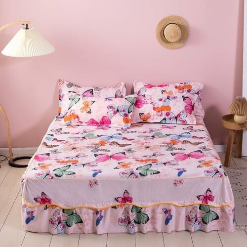 Fashion Soft Sanding Bedspread Anti-skip Wedding Bed skirt Queen King Size No Pilling Fitted Sheet Cover Double Layer Bed Cover