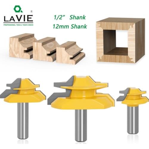 LAVIE 3pcs 12mm 1/2" Shank 45 Degree Lock Miter Bits Glue Joint Set 1/2" 3/4" 1"Stock Woodworking Tenon Cutters for Wood 03025