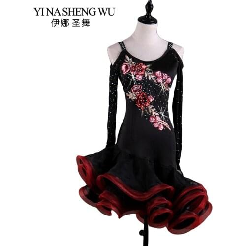 Off-the-shoulder Long-sleeved Latin Dance Performance Clothing Adult Female New Professional High-grade Decals Latin Dance Dress