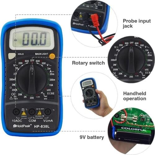 Handheld Digital Multimeter HP-838L LCD Backlight Portable AC/DC Ammeter Voltmeter Diode hFE Ohm Voltage Tester Meter Multimetro