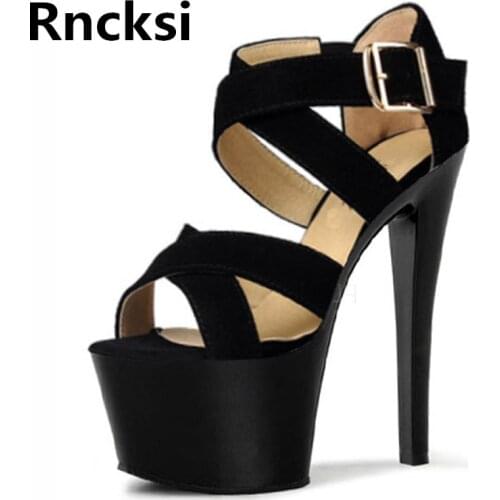 Rncksi Black Women/Girl Sexy 17cm High Heels Sandals Waterproof Platform Sandals Peep Toe Pole Dance Party Dress Sandals