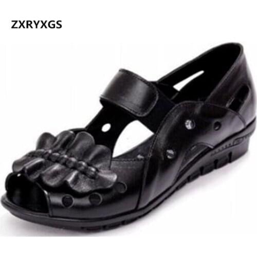 New Summer Open Shoes Mother Genuine Leather Sandals Women Flat Sandals Non-slip Comfort Summer Sandals Fashion Casual Sandals