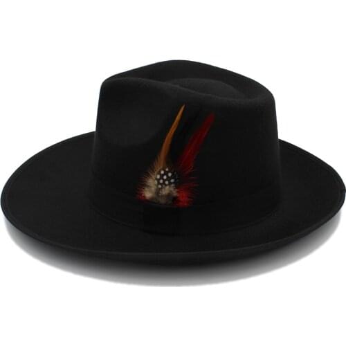Unisex Retro Wool Fedora Derby Trilby Hat Black Ribbon Pheasant Feathers Band Bowler C Crown Teardrop Shape Cap (One Size 58cm)