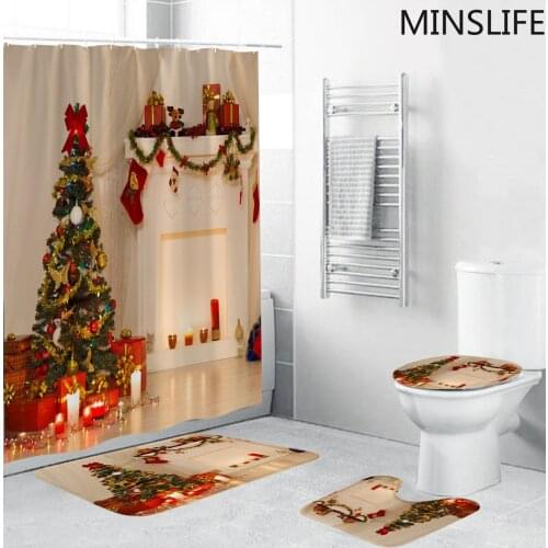 3D Christmas Trees Printed Shower Curtains for Bathroom Bathing Screen with Anti-slip Mat Carpet Toilet Partition Festival Decor