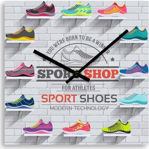 Sports Shoes Sneakers Square Wall Clock Shoes Shop Décor Quiet Movement Wall Watch Mancave Art Clock Athletes Shoemaker Gift
