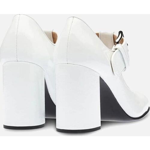 MUMANI Woman‘s 2021Hot New Mary Janes Shoes Genuine Leather Square Heel Buckle Round Toe Shallow Pumps White Lady Footwear