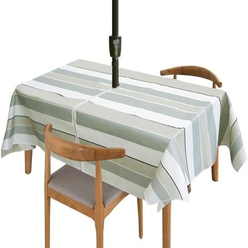 MLGB Outdoor Tablecloth with Umbrella Hole and Zipper Rectangle Waterproof Stripe Table Cover for Patio Garden Tabletop Decor