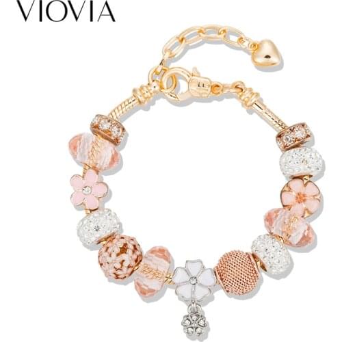 VIOVIA Dropshipping Flower Pendant Charm Bracelet Hollow Beads Fine Bracelet & Bangle For Women Jewelry B19047