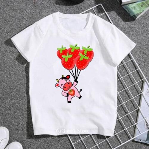 Funny Kids Clothes Cute Strawberry Cow Love Balloon Cartoon Print T Shirt Girls/Boys Harajuku Kawaii Children Clothing Tops