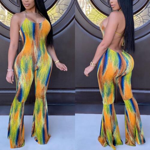 Womens summer clothing New painted and printed womens neck hanging sleeveless wide leg pants for women suit plus size overalls