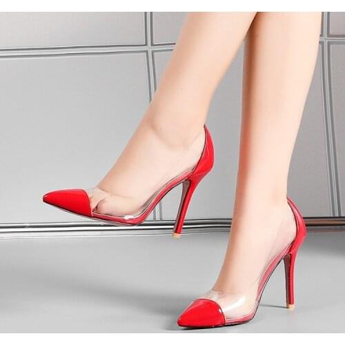Women Pumps New 8cm Transparent High Heels Sexy Red Wedding Party Shoes For Lady Plus Size