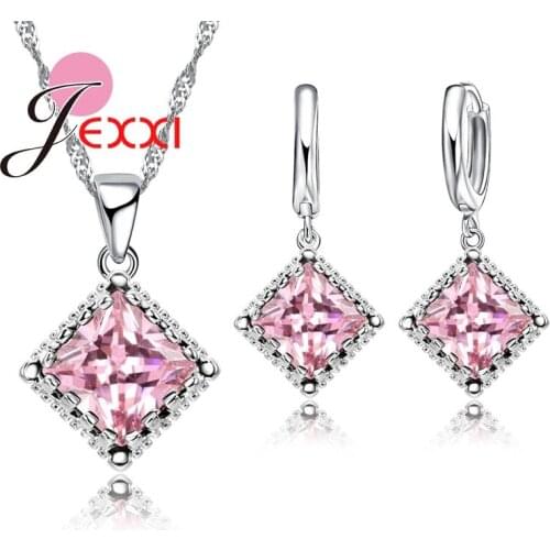 Luxury 925 Sterling Silver Wedding Bridal Jewelry Set Cubic Zircon Crystal Pendant Necklace Hoop Earrings Sets For Woman