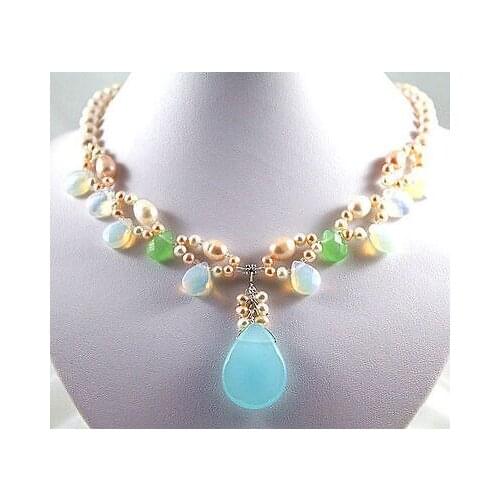 Brinco brincos New Design White Pearl Moonstone/Blue gem Bead Pendant Necklace for women jewelry