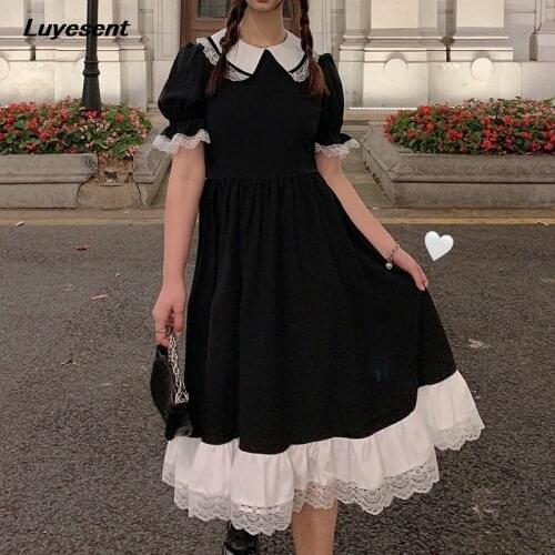 Black Lolita Lady Sweet Long Dress Summer Peter Pan Collar Women White Lace Dresses Puff Short Sleeve Korean Fashion Clothes