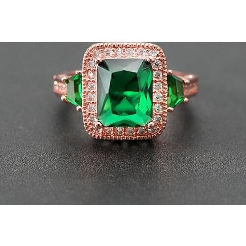 Luxury Princess Cut Green Zircon Ring Elegant Rose Gold Plated Cocktail Party Women Ring Bridal Wedding Engagement Women Jewelry