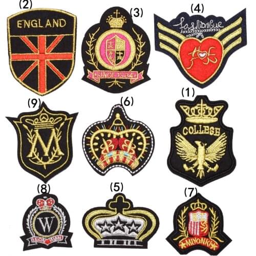 Gold Thread Embroidery Patches Iron on Colleges Badges School Uniform Crown Stickers England Noble Emblem Appliques for Clothing