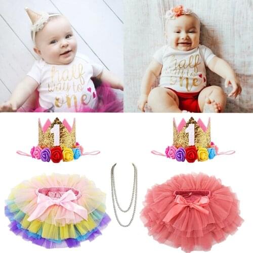3pcs/set Fashion Tutu Pompous Skirt Crown Pearl Necklace Suit Birthday Party Dress Up
