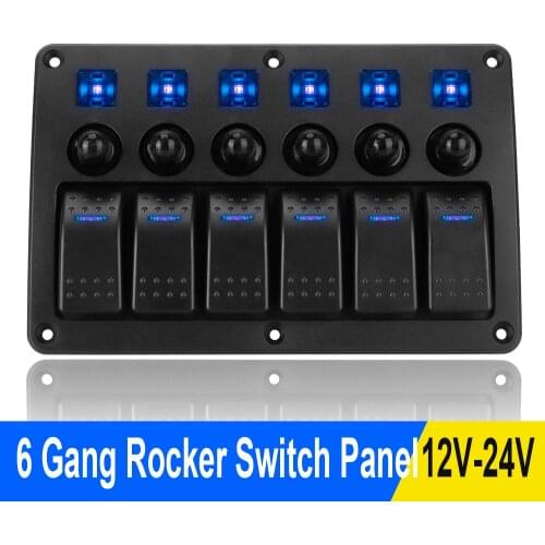 Waterproof LED Light Car Switch Panel with Sticker 6 Gang Marine Rocker Switch Panel 12~24V Circuit Control