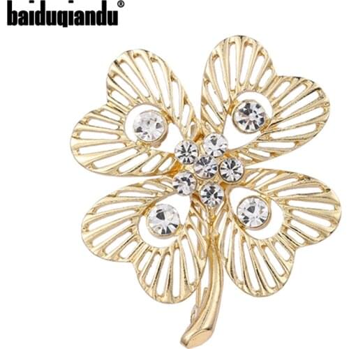 Baiduqiandu Clear Rhinestones 4 Leaves Plant Brooches Pins For Women Men Flower Clothes Hat Collar Jewelry Gift