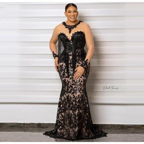 Black Lace Evening Dresses Women Plus Size Long Sleeves Mermaid Aso Ebi Prom Dress Appliques Custom Made South Africa Gown