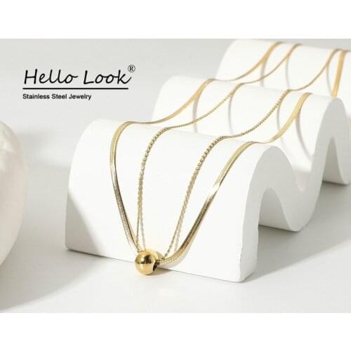 HelloLook Double Layer Snake Chain Bead Pendant Necklace for Women Stainless Steel Collar Necklace Jewelry Waterproof