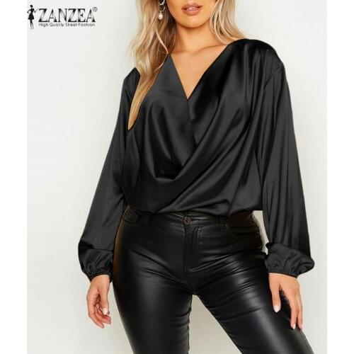 Elegant Draped Shirts ZANZEA Fashion Women Formal V Neck OL Tops Spring Long Puff Sleeve Blusas Ladies Office Blouse Plain 5XL