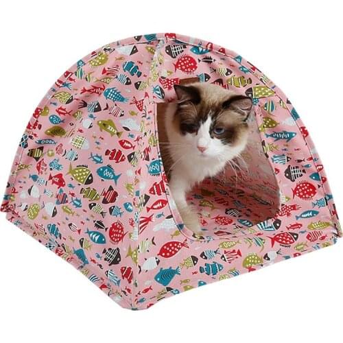 Pet Cat Hammock Multifunction Cat Tent With Canvas Fish Print Decor Kitten Hanging Sleeping Bed Breathable Cats Bed Mat Supplies