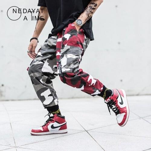 Urban Hip Hop Cargo Pant Men Fashion Splice joggers pants Camo pants Harajuku Streetwear Side Pockets Trousers Swag Ribbon Harem