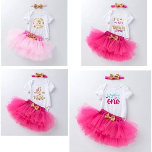 Baby Girls Half Birthday Party Romper Pink TUTU Skirt My Girl is on the Way to One Birthday Outfit Infant Girl Bow Headband