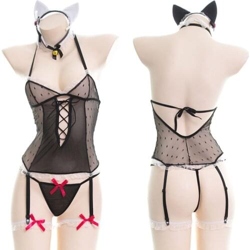 Cute Cat Girls Maid Cosplay Suit Sexy Women See-through Exotic Sets Girls Lingerie Sleepwear Bra G-String Underwear Set