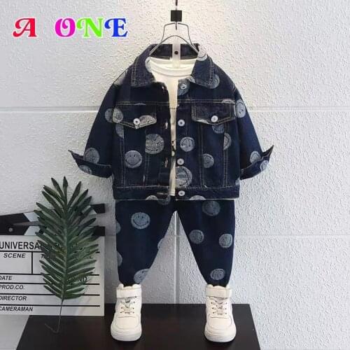 Spring autumn boys Cowboy suit kids clothes children clothing set jackets + pants 2 pcs set casual Smiley Streetwear 2T to 10yrs