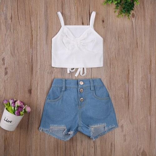 Summer 2 Pieces White Kids Suit Set Girls Solid Color Drawstring V-Neck Short Camisole+ Denim Shorts with Pockets for 1-6 Years
