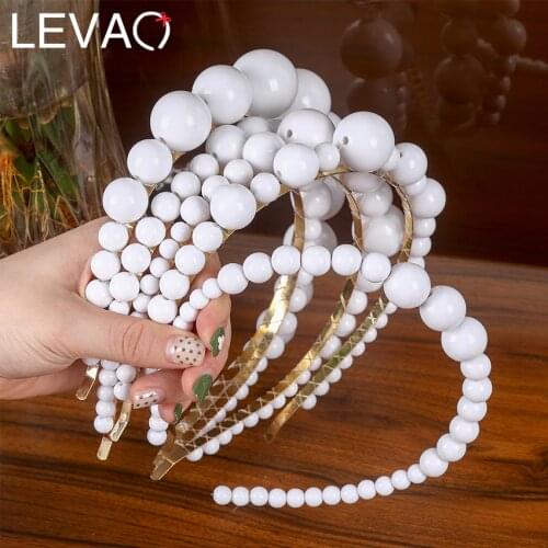 Levao 2020 Women New Hairband White Porcelain Beaded Headbands Beads Hair Hoop Girl Hair Bands Bezel for Hair Accessories