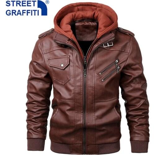 2021 Men New Motor Leather Jacket Men Casual Autumn Biker PU Leather Jackets Hooded Coat Zipper Detachable Hat Slim Jacket
