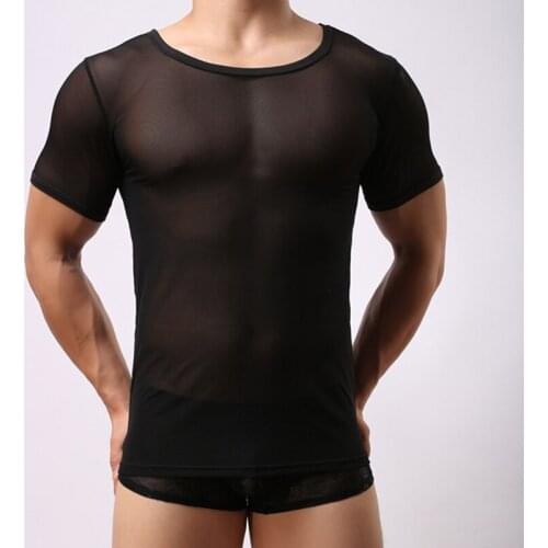 Man Undershirt/Men Sexy Mesh Sheer Basic Shirts/Male Mesh Transparent O-neck Gay Short Sleeves Slimming Undershirts Inner Tops