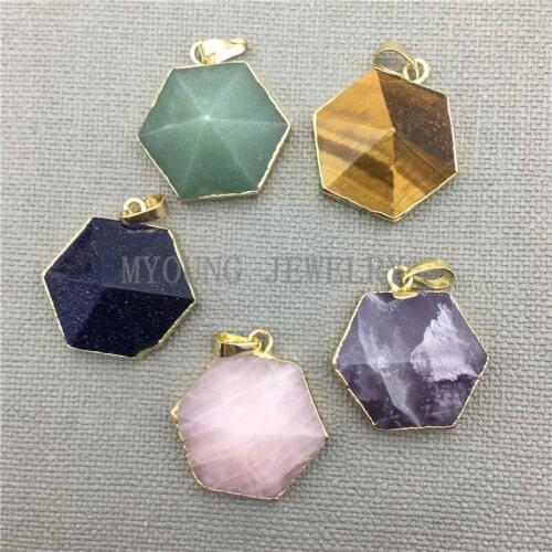 MY0318 Multicolor Hexagon Petite Necklace Pendant,Tiger Eye Purple Crystal Aventurine Bluesand Pink Crystal Stone Pendant Charm